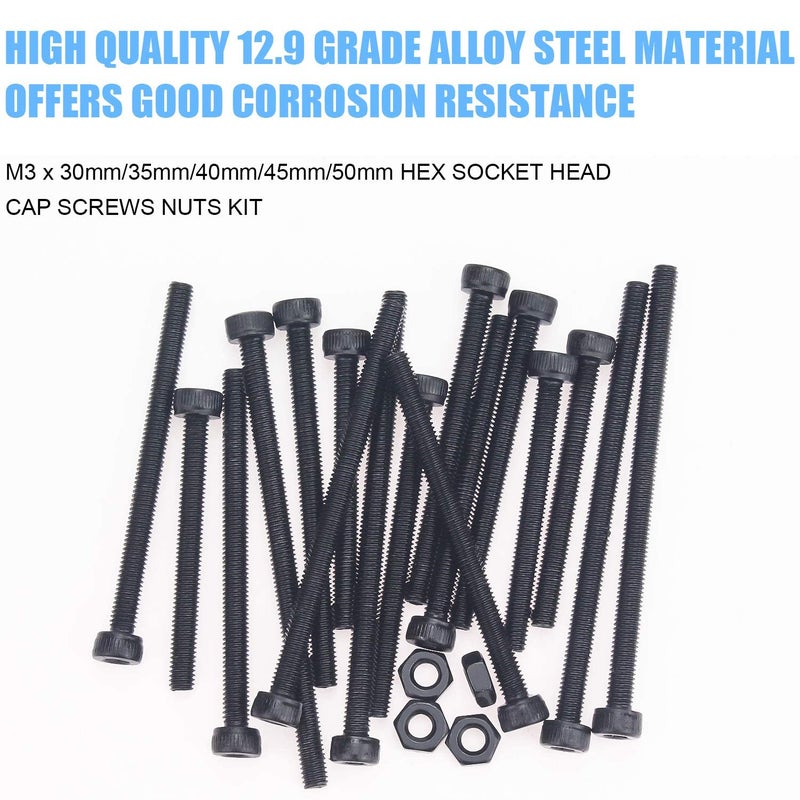 DYWISHKEY 200 Pieces M3 x 30mm/35mm/40mm/45mm/50mm, 12.9 Grade Alloy Steel Hex Socket Head Cap Bolts Screws Nuts Kit with Hex Wrench - Image 2